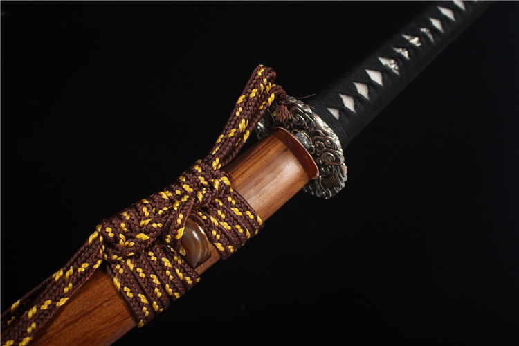 ️加长版武士刀—酸枝木镶黄牛角—纯铜鎏金鎏银装—T10烧刃真横手版——龙腾