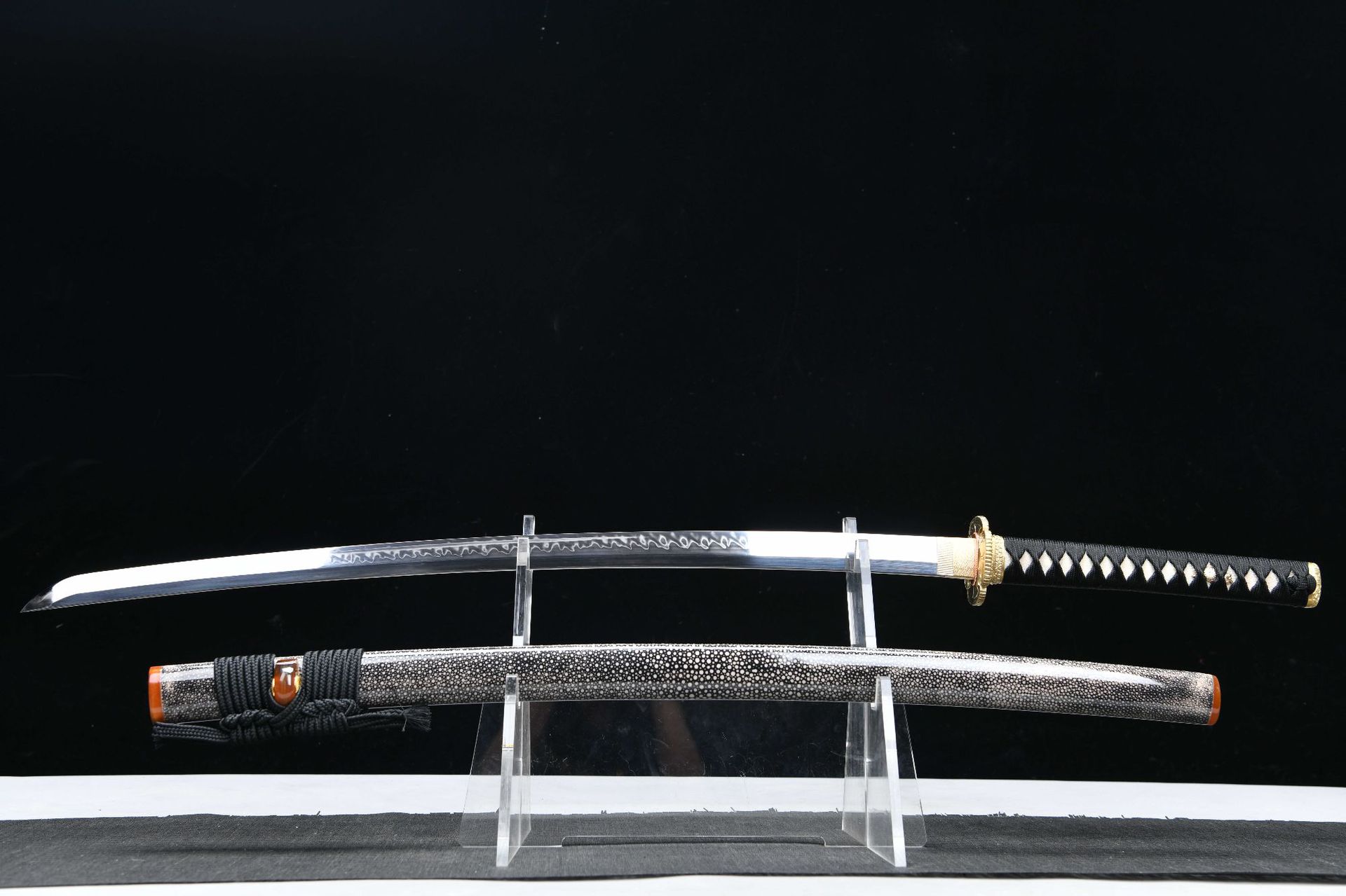 1500 新款手作长款26寸T10烧刃火焰纹手工镜面研磨武士刀——寒光（鱼皮鞘