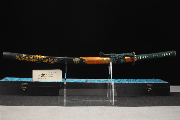 精彫銅装鎏金鎏銀月夕花晨 古兵器 武具 刀装具 日本刀 模造刀 居合刀 鎏金鎏银刀装—大漆手绘镶牛角鞘—本三枚日式研打刀武士刀——蝉定